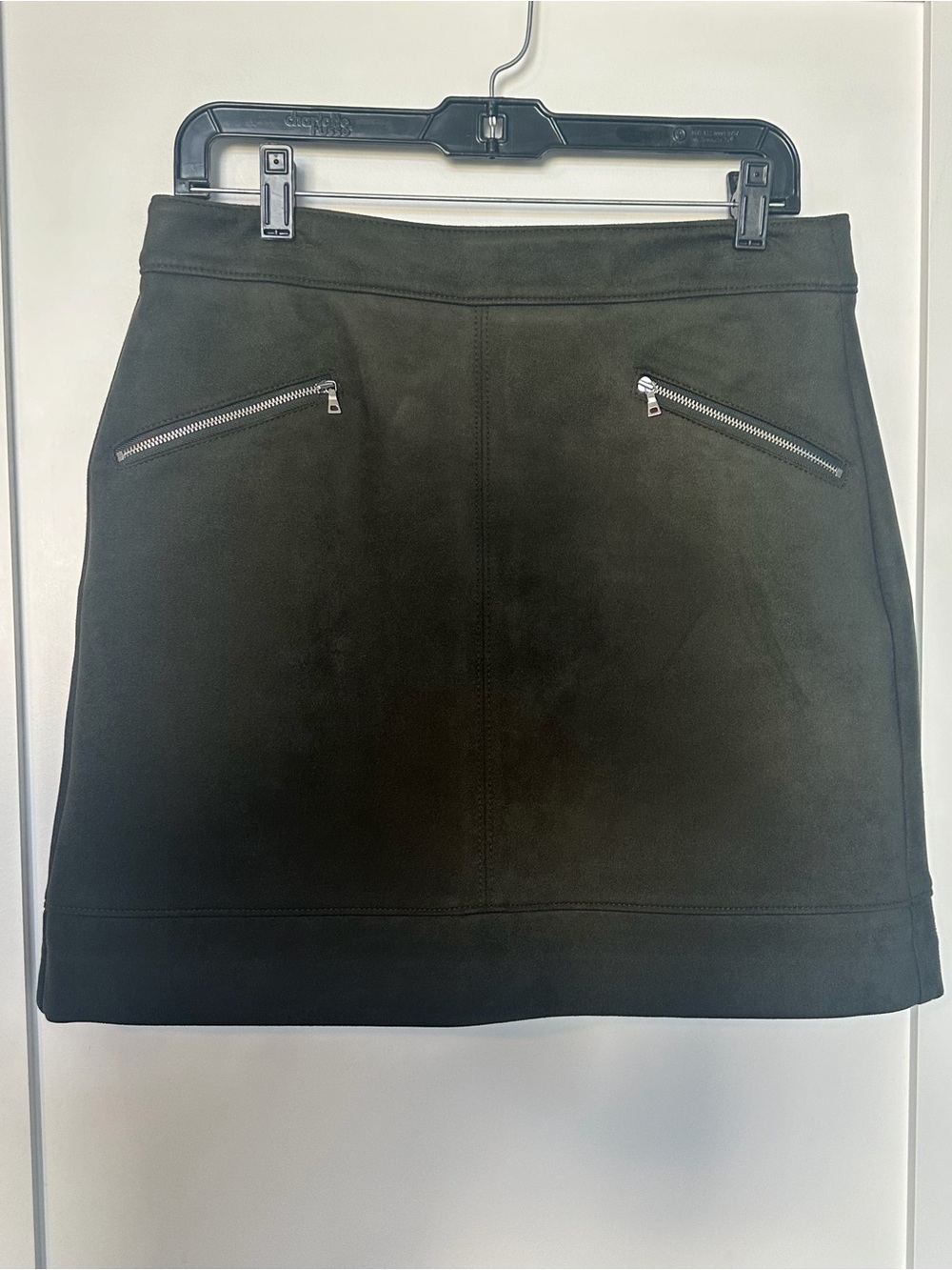 LOFT dark green Faux Suede Mini Skirt with Silver Zippers
